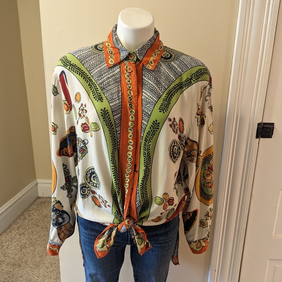 Mondi Tops - Vintage Mondi German designer cream, green and orange print top size M
